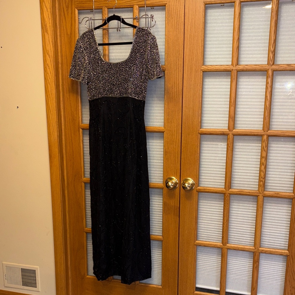 Scala Beaded Vtg Black and Silver Classic Maxi Evening Dress